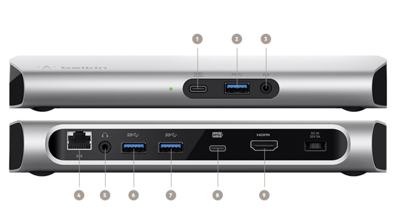 贝尔金belkin Express Dock HD F4U093 全功能C扩展坞PD 60瓦供电扩USB3.0 HDMI 耳机3.5mm 千兆网卡