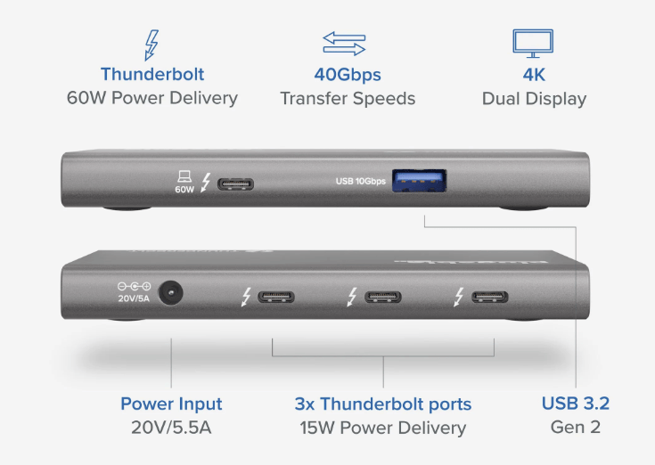plugable USB4-HUB3A dock 1个雷电4扩3个雷电4 60瓦PD供电 USB3.2扩展坞