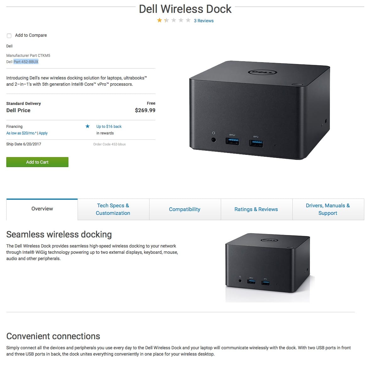 Dell Wireless Dock 桌面型笔记本电脑无线扩展坞wigig 452-BBUXLatitude 7350