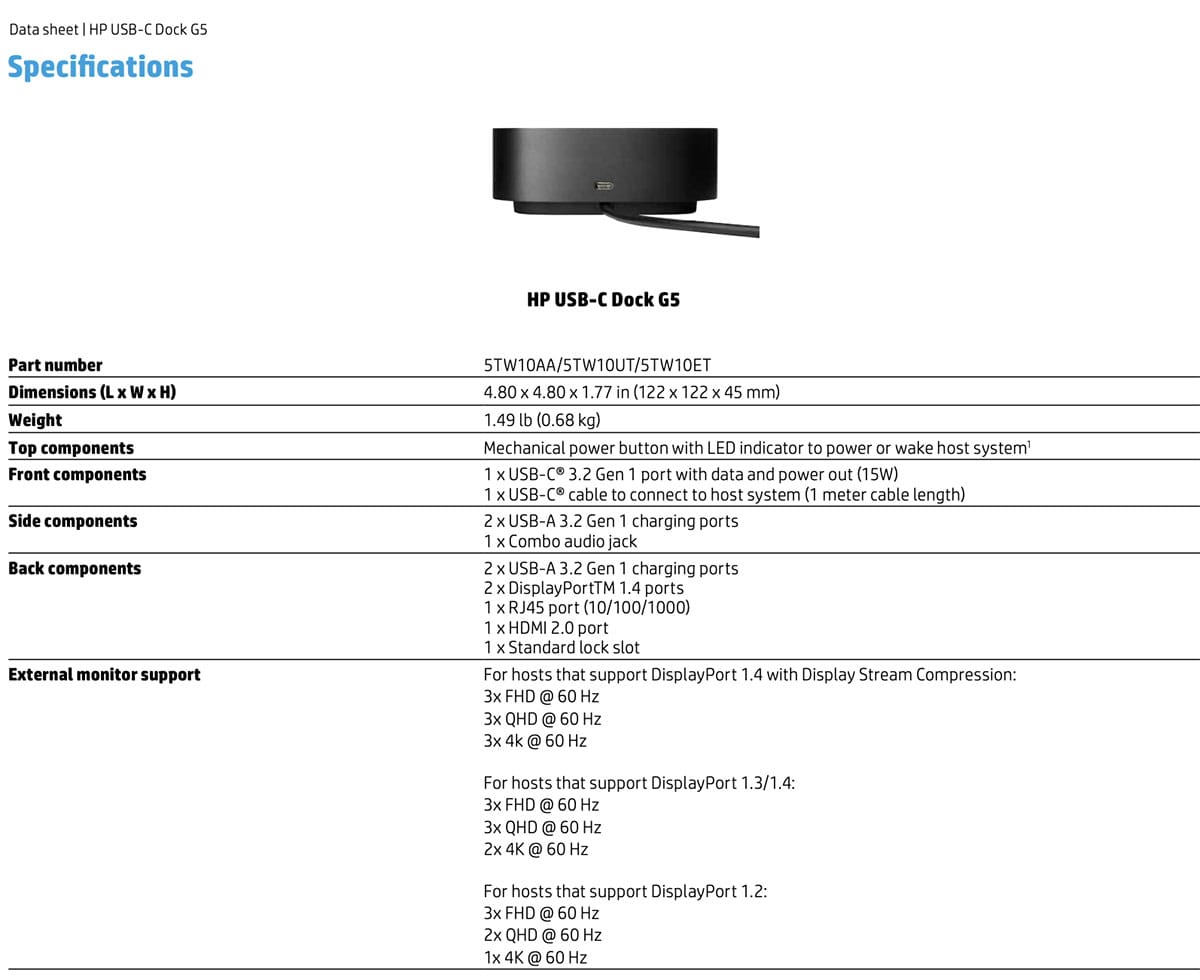 原装惠普 HP USB-C G5 Dock HSN-IX02 PD100瓦供电外扩USB3.0 网卡HDMI DP
