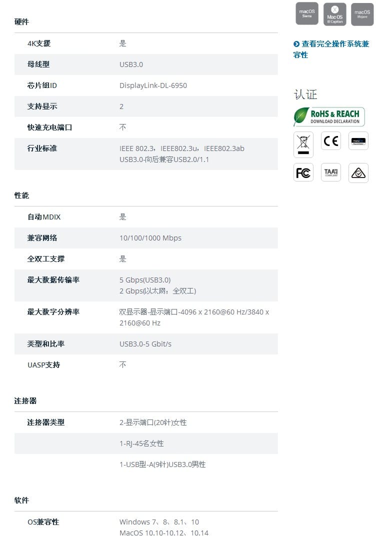 原装美国进口USB3.0通用扩展坞外接双4K显示器千兆网卡兼容Mac Win USB to Dual DisplayPort Mini Dock with GbE LAN - Dual 4K 60 Hz