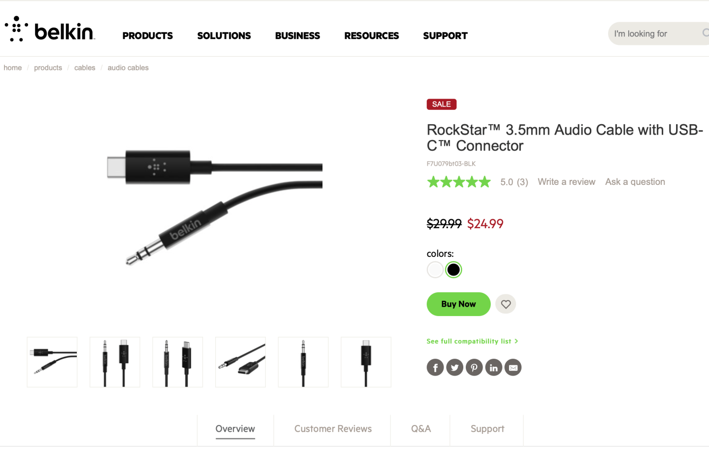 原装贝尔金belkin P-F7U079 AUX车载音频线type-c转音响功放c口转3.5mm耳机 喇叭