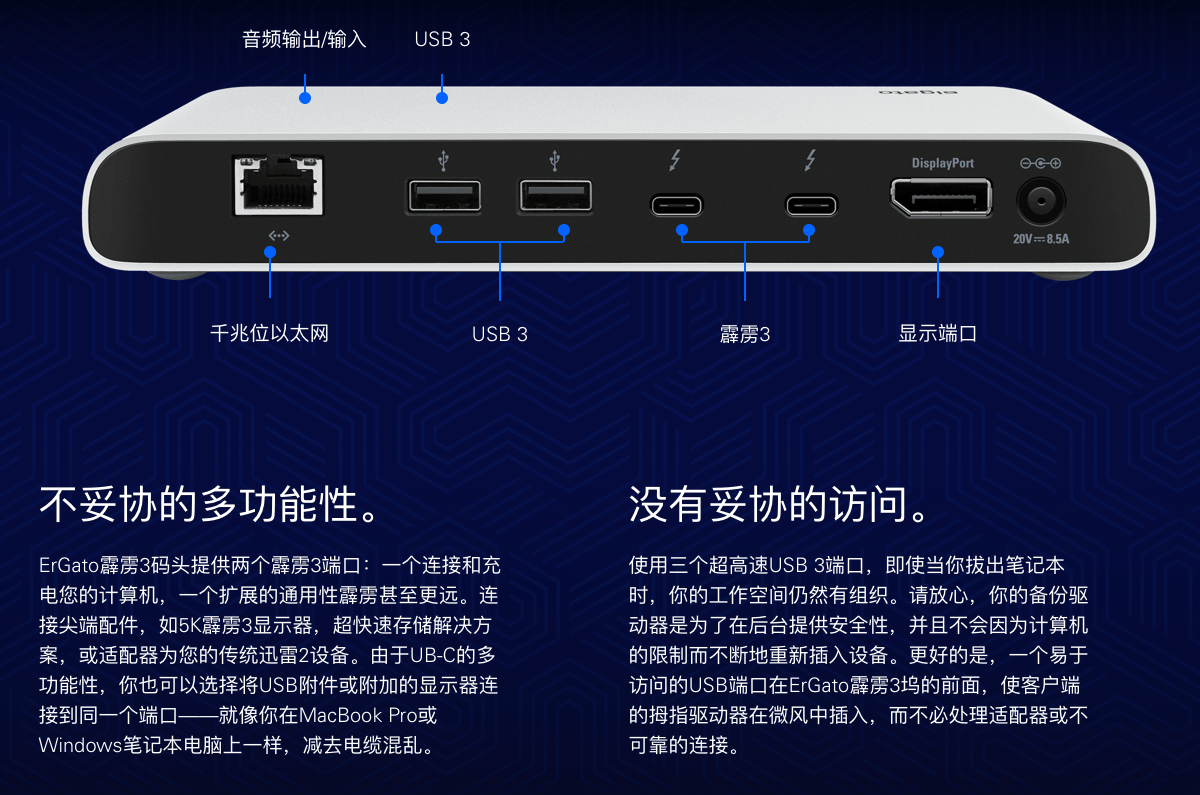 原装elgato 雷电3 thunderbolt3 dock 扩展坞85瓦反向快充dock外接双4k适用Mac win