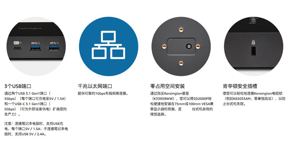 原装Kensington SD2000P USB-C dcok 4K PD协议60瓦供电输出 surface macbook xps thinkpad 安卓type-c