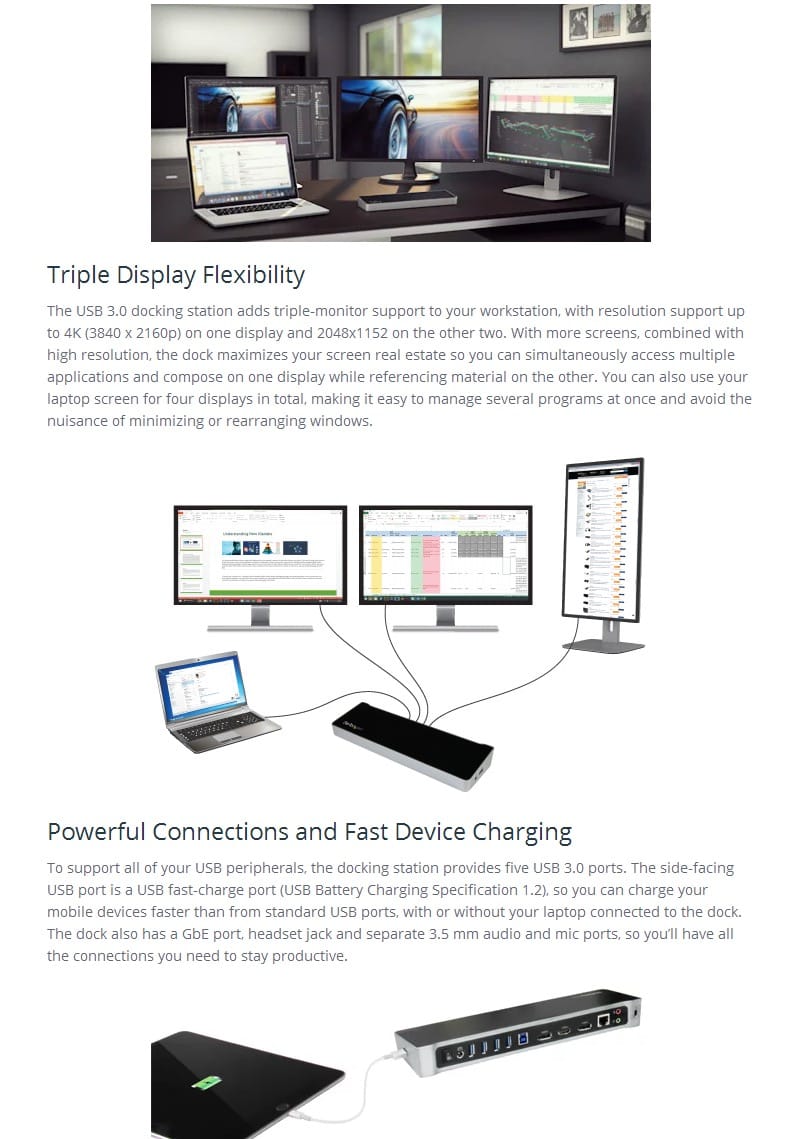 原装StarTech.com USB3DOCKH2DP USB3.0扩展坞DOCK WIN MAC 笔记本外接三屏4K网卡USB