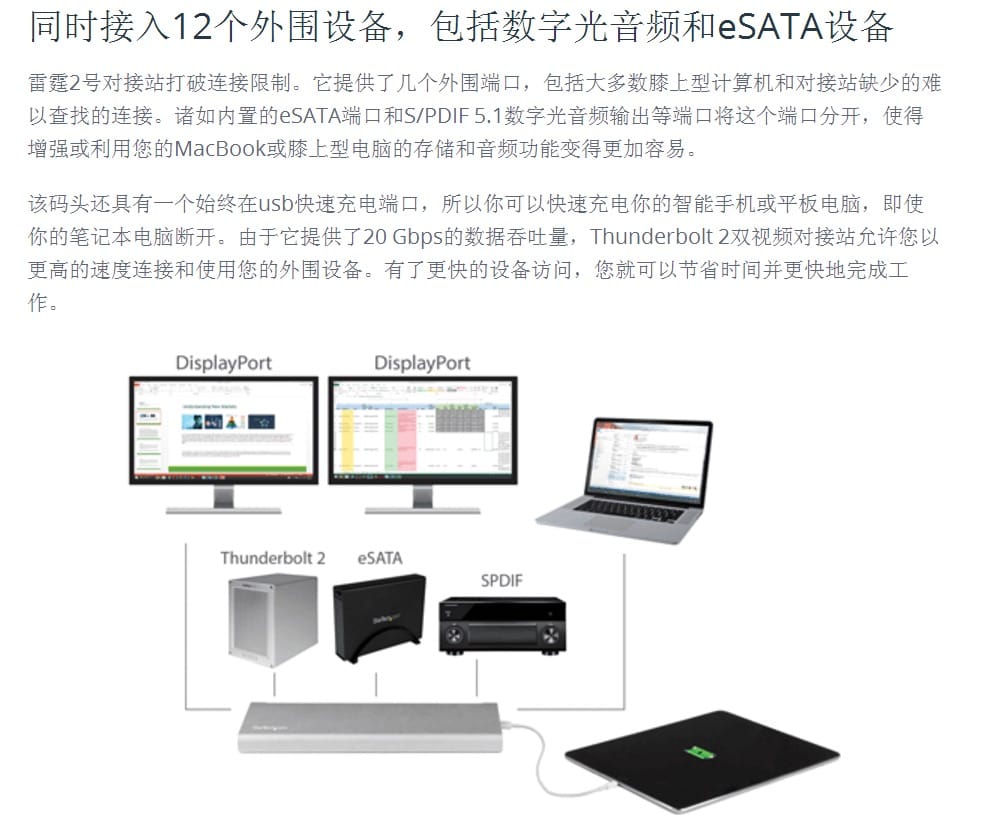 原装startech 雷电2扩展坞TB2DOCK4K2DP 苹果Macbook外接双显示器USB3.0光纤音频