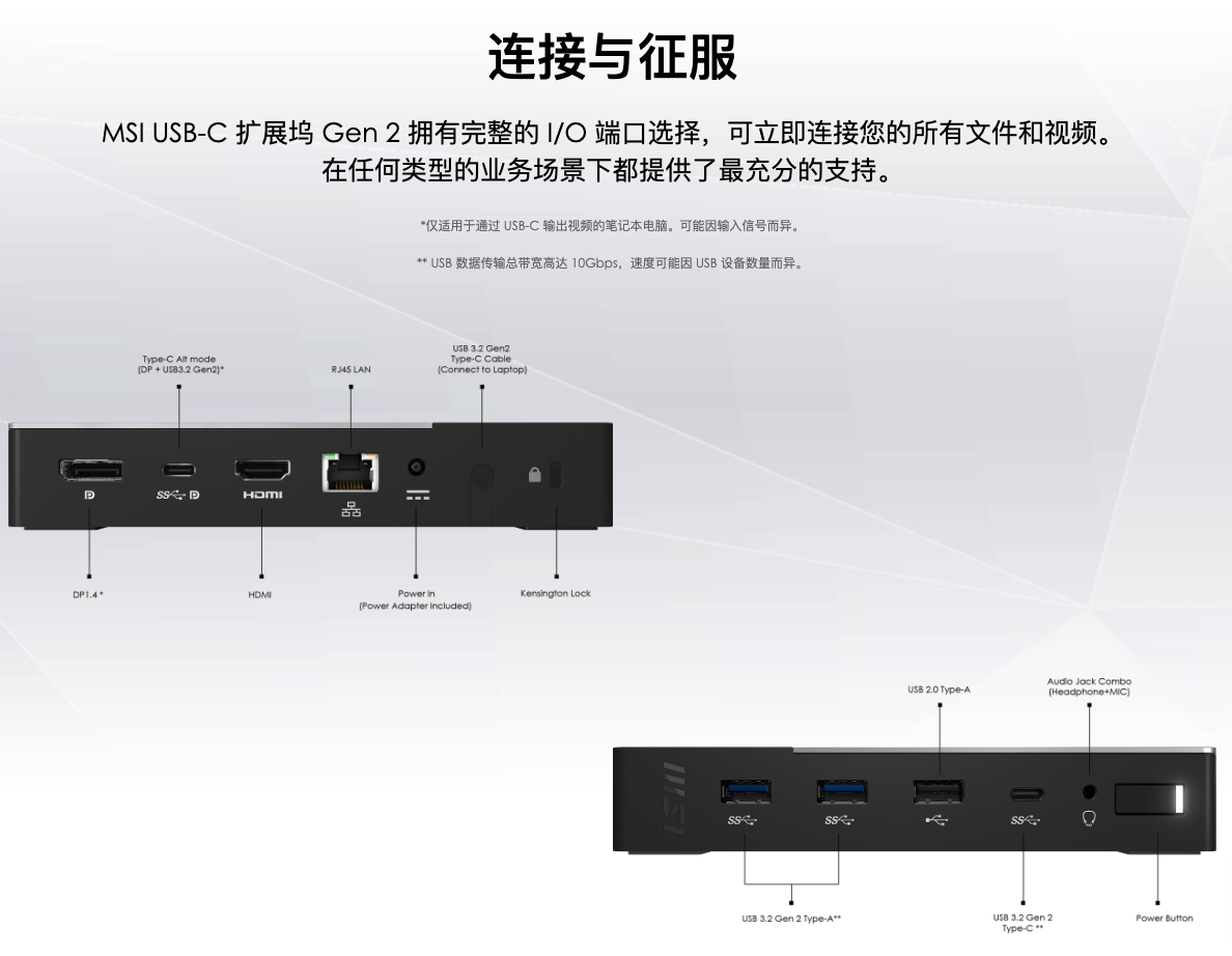 微星 MSI  MS-1P15 USB-C 扩展坞 Gen 2 DP1.4 USB3.2 gen2 100瓦PD供电