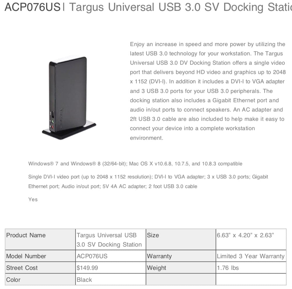 泰格斯Targus Universal USB 3.0 SV Docking Station (ACP076US) ACP78US 支持win Mac oxs 泰格斯Targus Universal USB 3.0 SV Docking Station (ACP076US) ACP78US 支持win Mac oxs