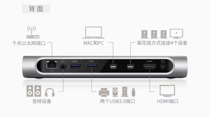 贝尔金雷电2 F4U085 扩展坞适用于老款的Macbookpro笔记本电脑外扩显示器USB3.0接口千兆网卡