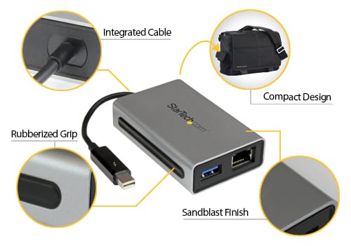 雷电2转USB3.0 千兆网卡TB2USB3GE TB2USB3ES esata 便携式转换器老款Mac电脑外扩接口 Thunderbolt 转千兆以太网加 USB 3.0 - Thunderbolt 适配器 为配备 Thunderbolt™ 的 MacBook® 或 Ultrabook™ 添加一个千兆以太网端口和一个 USB 3.0 集线器端口