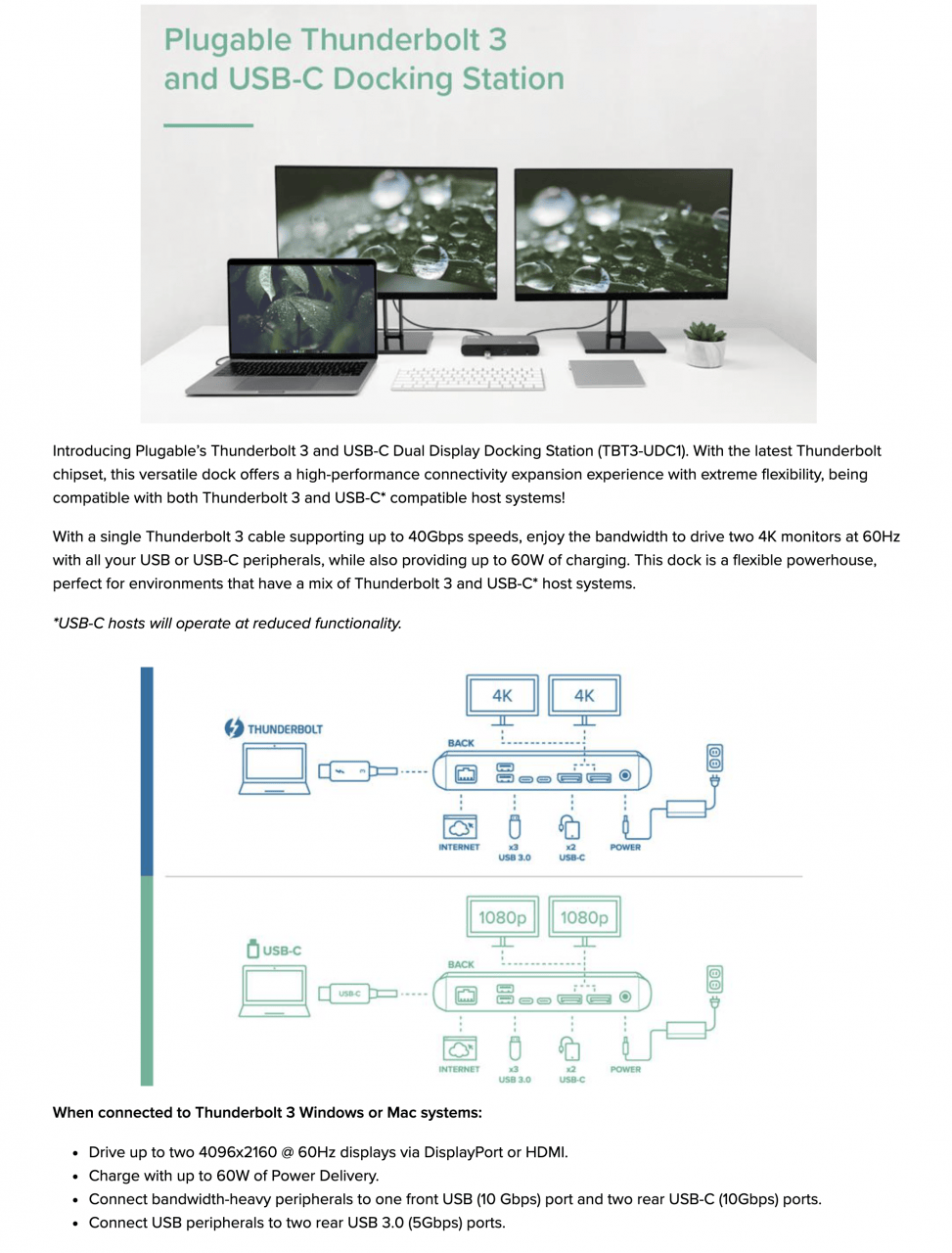 PLUGABLE 兼容雷电3和全功能C扩展坞双4k 60hz 60瓦PD供电USBgen2 10G 网声 PLUGABLE 兼容雷电3和全功能C扩展坞双4k 60hz 60瓦PD供电USBgen2 10G 网声