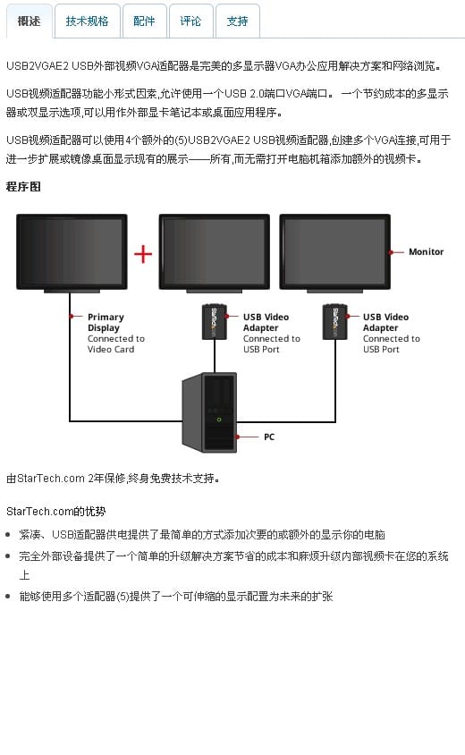 Startech.com USB转VGA多监控外部视频适配器电脑外接多屏炒股看盘外置多显示器