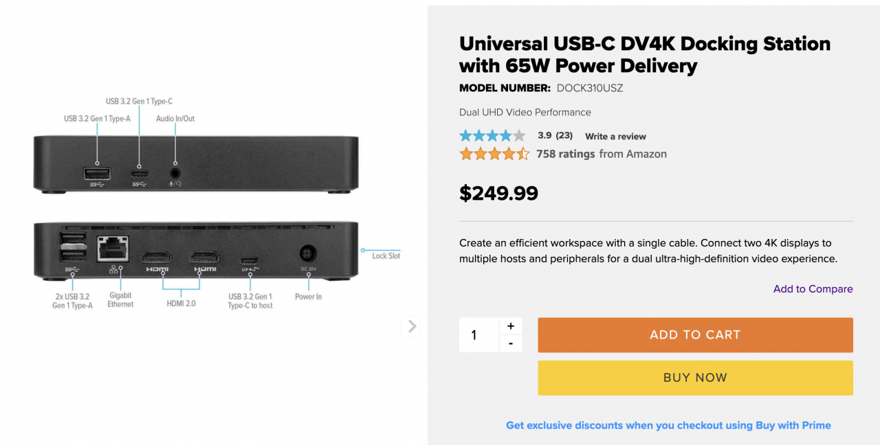 Targus USB-C dual 4k docking station 65w PD USB-C双4k扩充基座PD 65瓦 Dock310-A Displaylink DL-6950通用型gen2 10G扩展坞65瓦PD 双HDMI