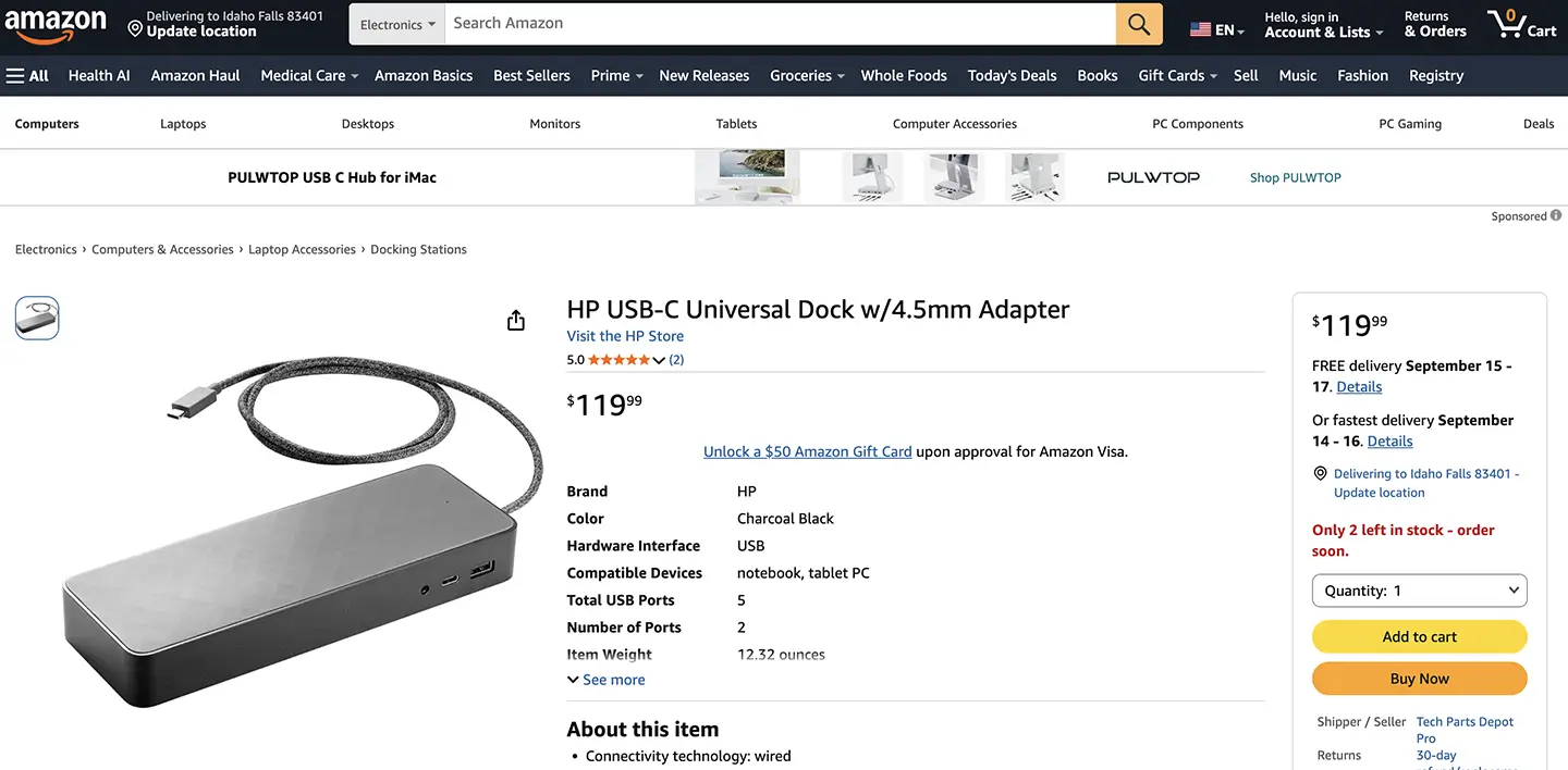 原装惠普USB-C Universal dock 通用型扩展坞 PD协议反向充电双4k 60hz单5K 千兆网卡 HSA-B005DS #898