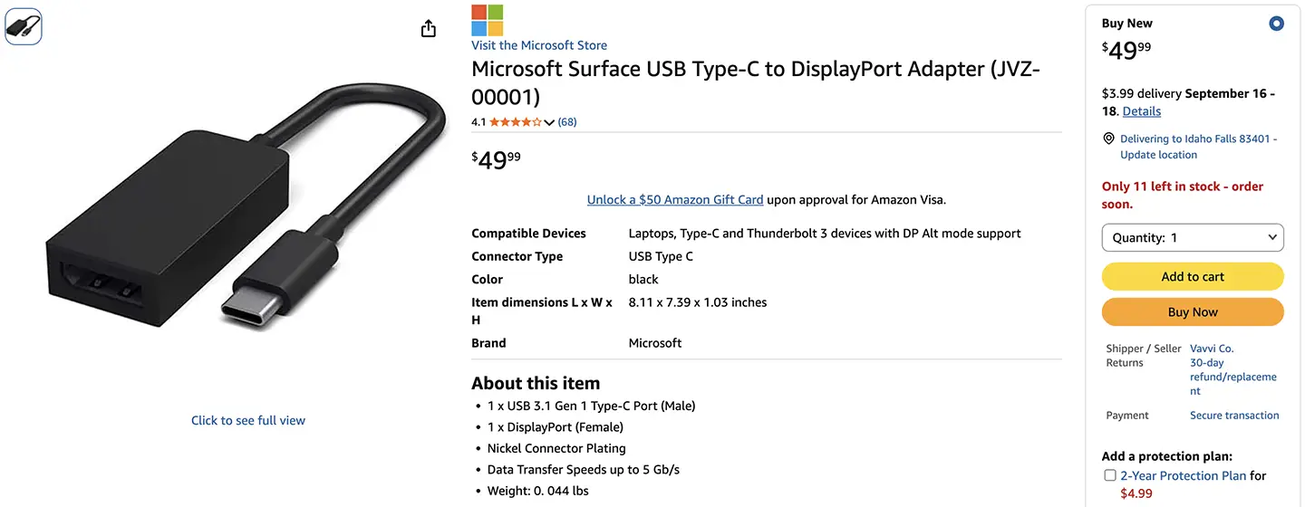 微软surface USB-C to DisplayPort Adapter 转DP雷电34全功能C手机平板外接DP显示器4k 160hz高刷 1859