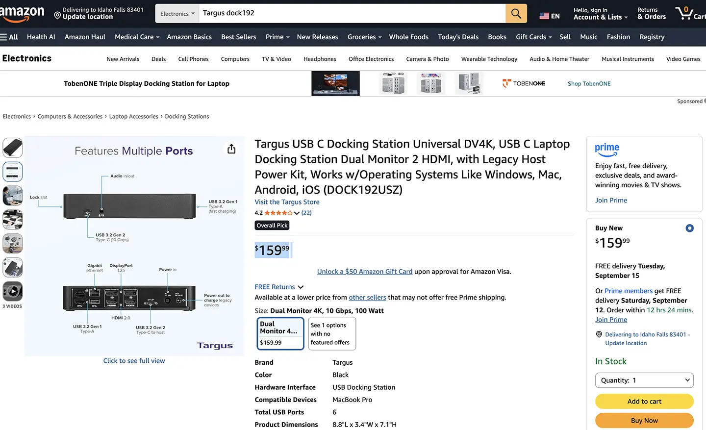 Targus dock192通用型 Displaylink 扩展坞双4k 60hz 千兆网卡USB-C gen2 USB3.0 M芯片Mac外扩双HDMI