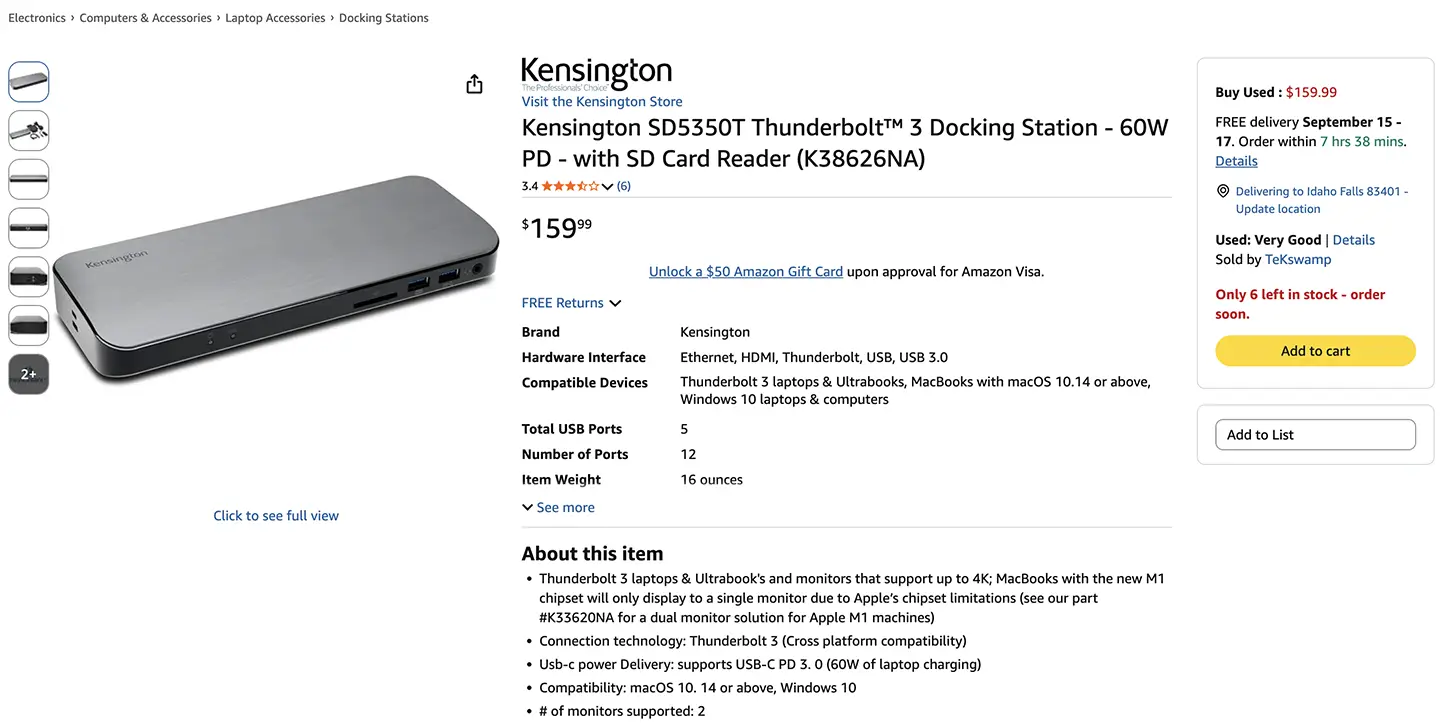 肯新通SD5300T雷电3扩展坞 适配M4/M5 Mac Air 外扩双4K 60hz千兆网卡SD卡等PD充电