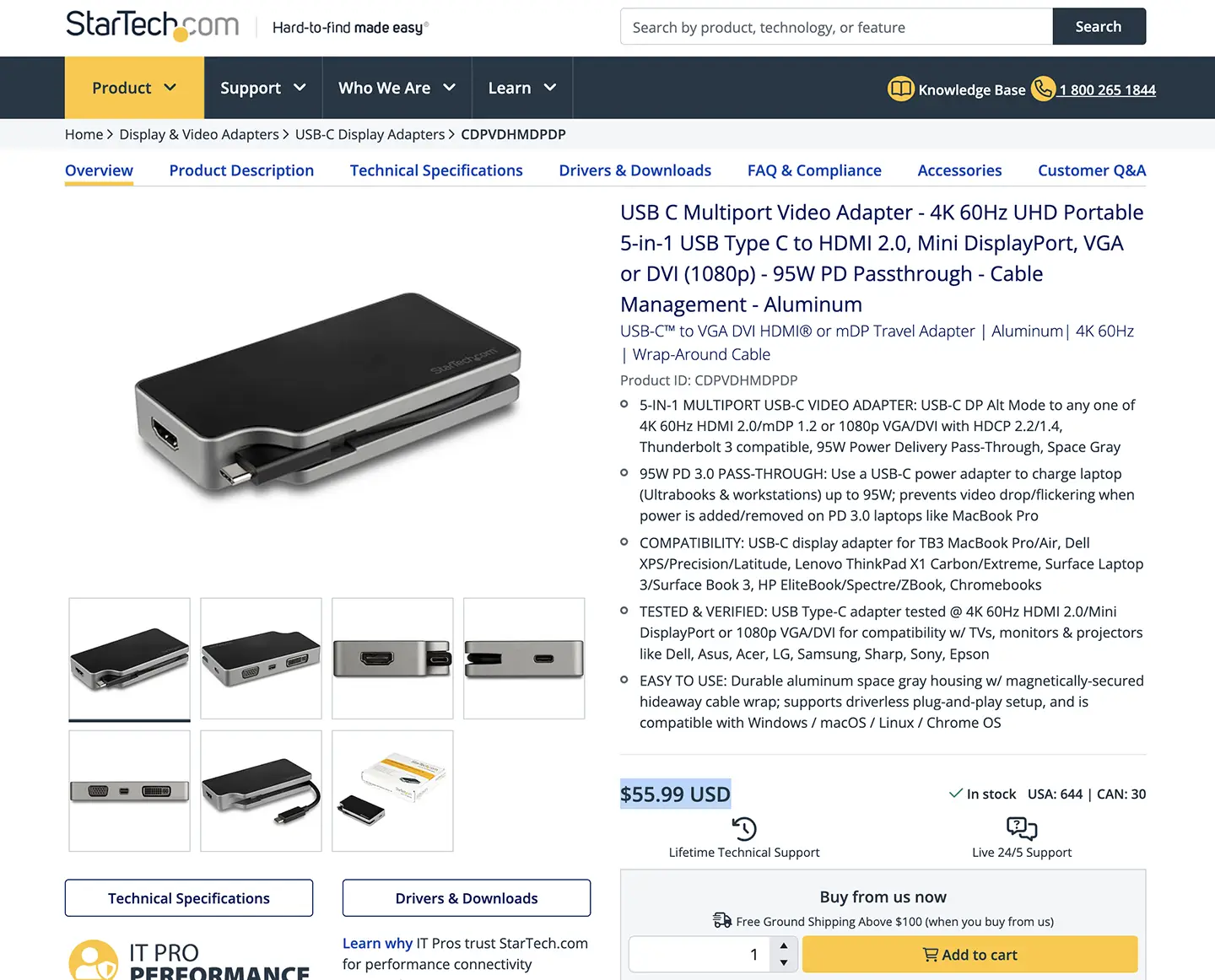 StarTech 星泰克 USB-C便携式95W供电笔记本雷电C/全功能C外接DP1.2 HDMI2.0 4K 60hz显示器