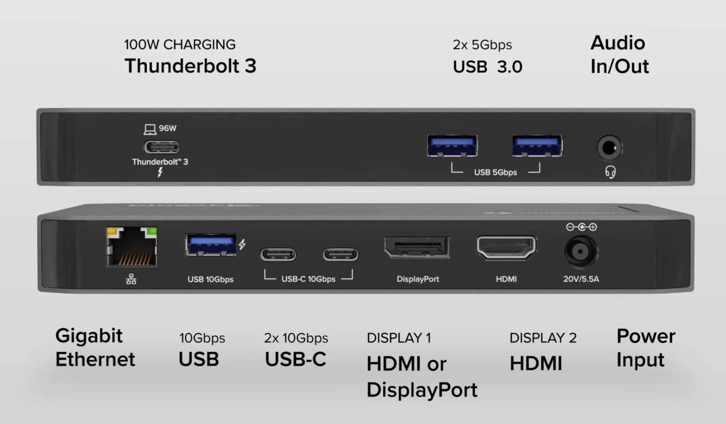 Plugable TBT3-UDC3 兼容雷电USB4全功能C扩展坞 96瓦PD供电 DP和HDMI 双4k Gen2 10G 支持M芯片Mac和win系统