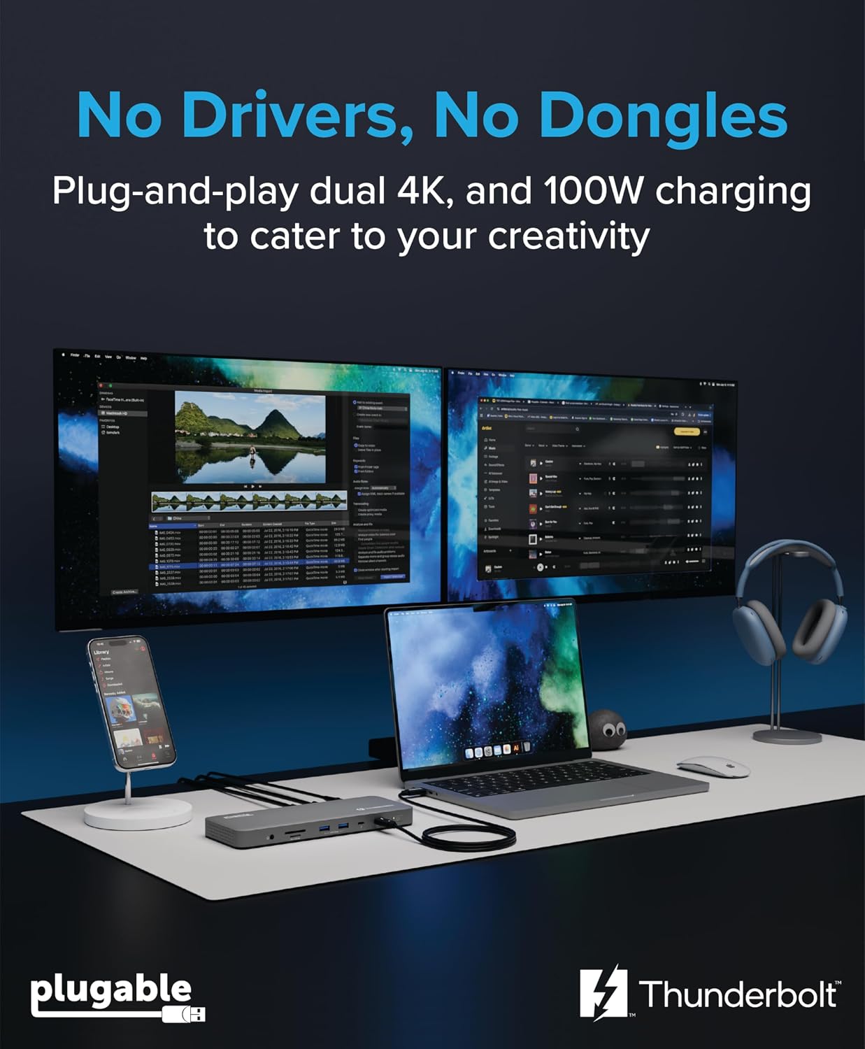 Plugable 雷电4扩展坞TBT-UDM Win/Mac电脑外扩双HDMI2.0 4K60hz or 8K /SD 96瓦PD 多接口Gen2
