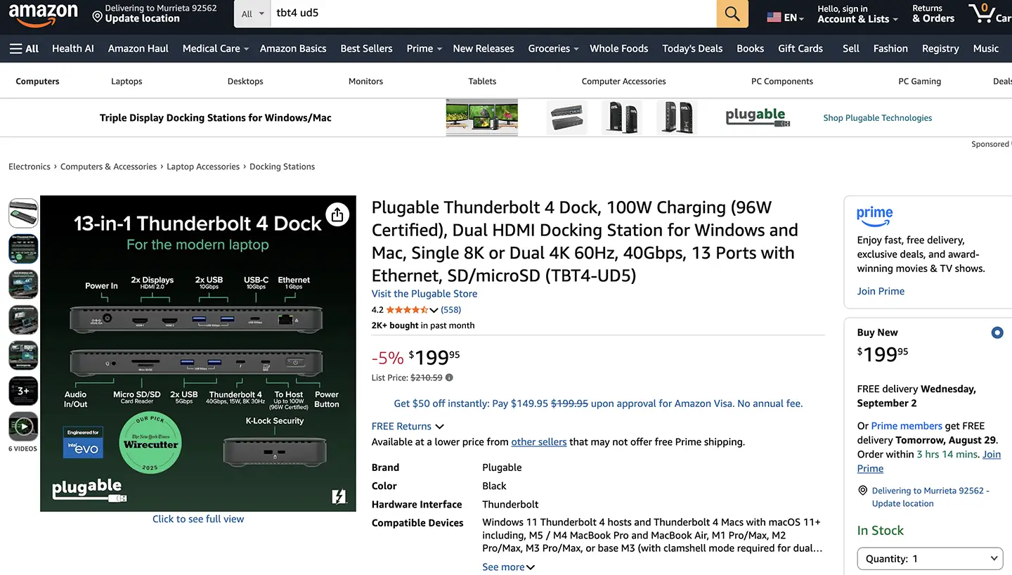 Plugable 雷电4扩展坞TBT4-UD5 苹果笔记本/Thinkpad/XPS等电脑外扩双HDMI2.0 4k 60hz/SD卡 96瓦PD供电 Plugable 雷电4扩展坞TBT4-UD5 苹果笔记本/Thinkpad/XPS等电脑外扩双HDMI2.0 4k 60hz/SD卡 96瓦PD供电