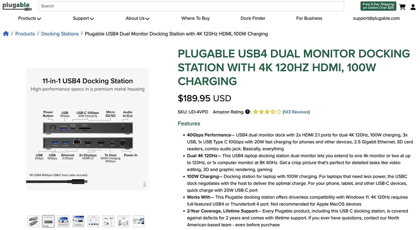 Plugable UD-4VPD USB4扩展坞 外扩双HDMI2.1 4k 120hz / 2.5G网卡 SD4.0 100瓦PD供电 多个Gen2 10G接口