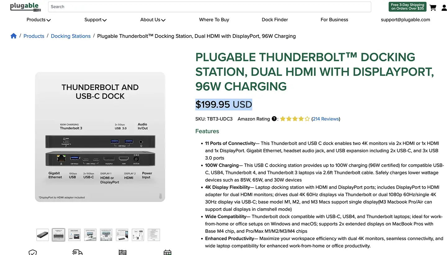 Plugable TBT3-UDC3 兼容雷电USB4全功能C扩展坞 96瓦PD供电 DP和HDMI 双4k Gen2 10G 支持M芯片Mac和win系统