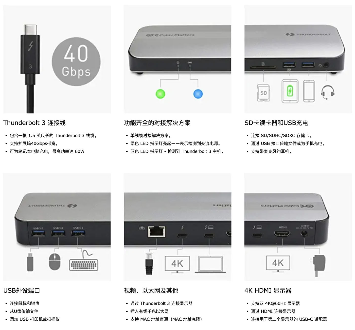 Cable Matters Thunderbolt Dock 雷电C扩展坞PD60瓦给电脑外扩5个USB3.0/1个HDMI2.0/千兆网卡/SD卡/3.5mm耳机口