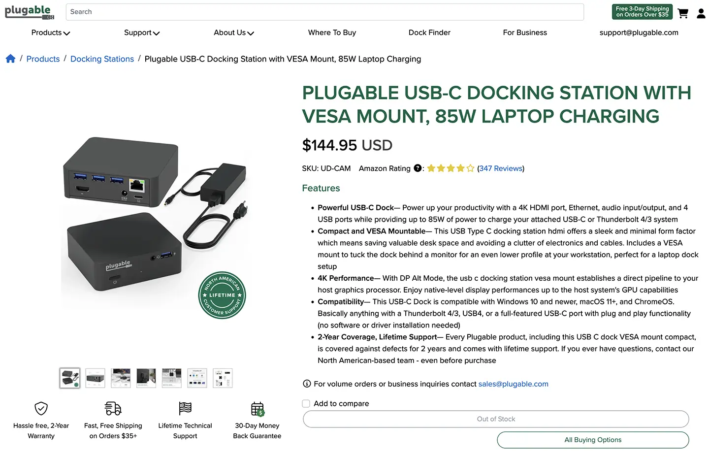 Plugable UD-CAM 紧凑型 USB‑C 全功能C 扩展坞 PD85瓦供电 外扩4K HDMI1.4 4个USB3.0 千兆网卡 3.5mm声卡
