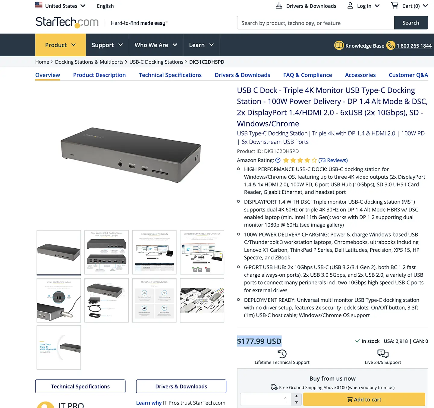 Startech DK31C2DHSPD 全功能C扩展坞100W功率 三屏4K 2个DP1.4/HDMI2.0 6个USB接口(2个10Gbps)SD