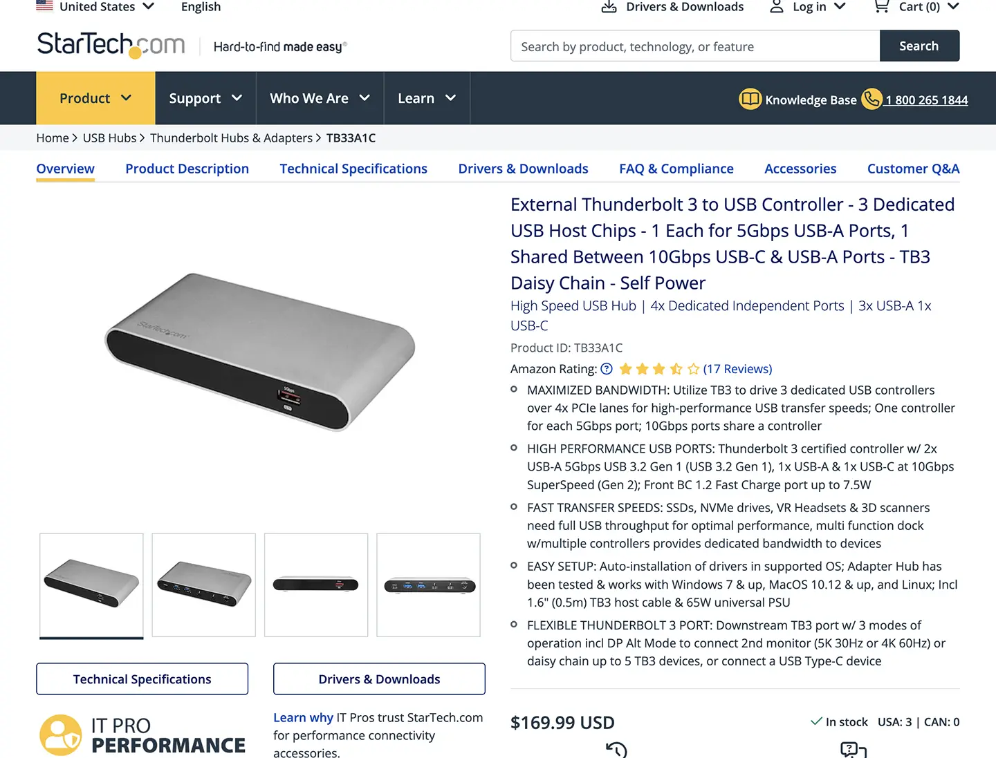 StarTech TB33A1C 外置Thunderbolt 3转USB5G 10G独立控制器