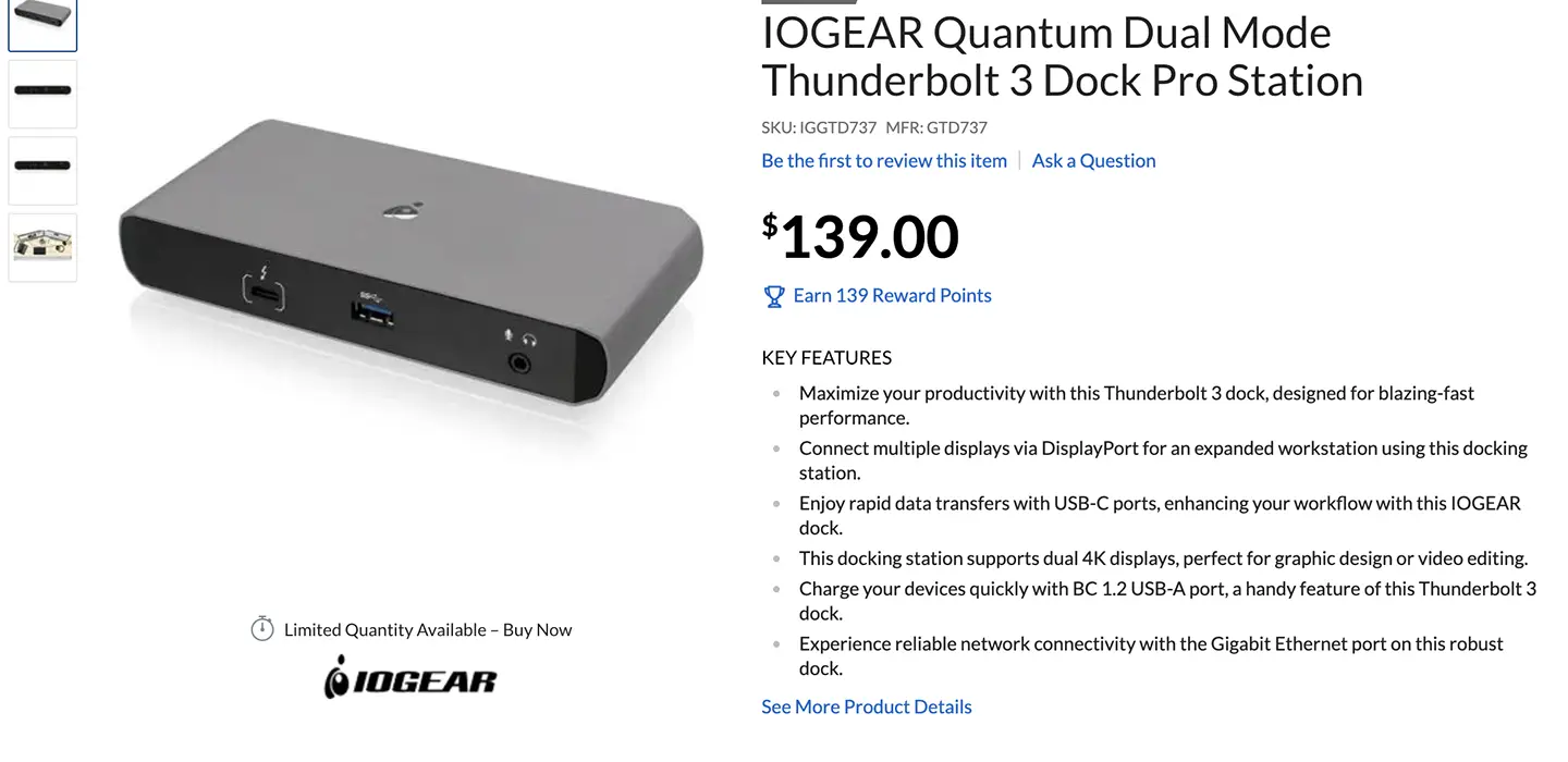 IOGEAR Thunderbolt Docking Station雷电C扩展坞M4/M5外扩双4k 3个10G接口千兆网卡PD60瓦供电 支持144hz